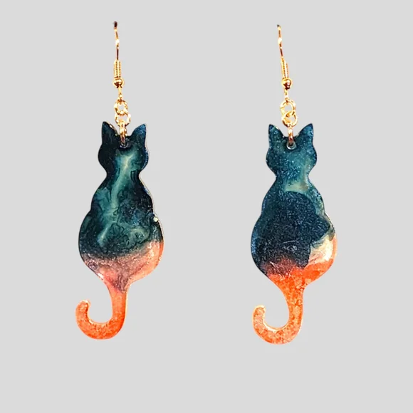 Purrfectly Cosmic/Handmade Dangle Rose Gold Cat Earrings - Picture 2 of 2